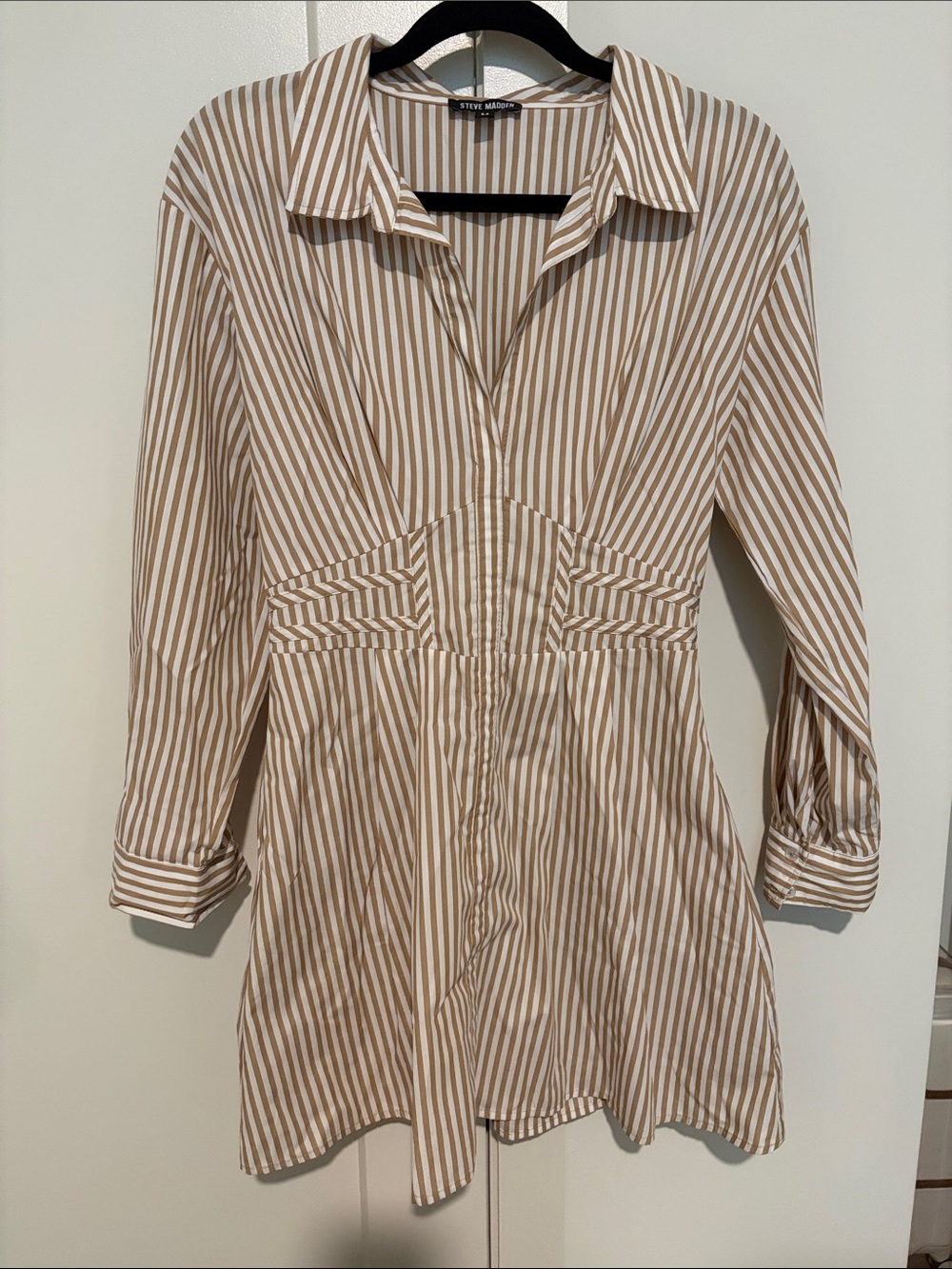 Steve Madden Beige and Cream Striped Long Sleeve Shirt Dress